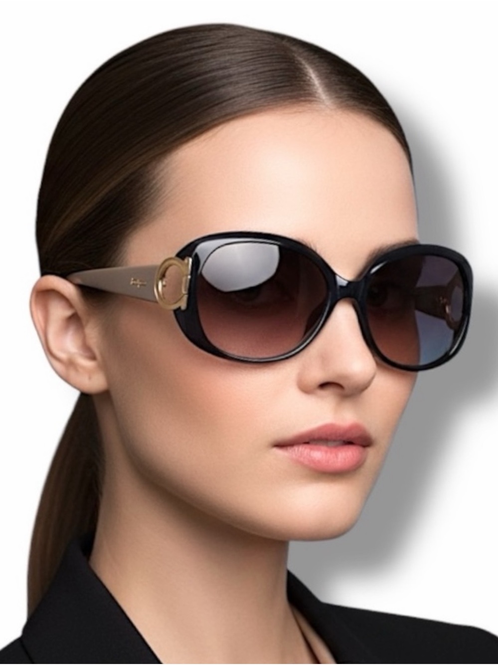 Salvatore Ferragamo Oversized Oval Black Gold SF668S NWOT Full Set